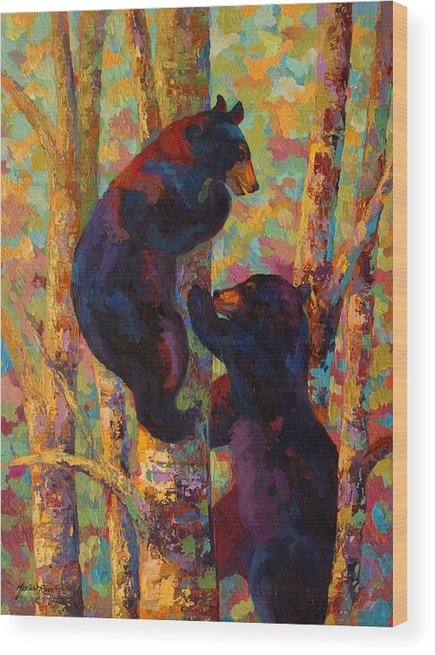 Bear Wood Print featuring the painting Two High - Black Bear Cubs by Marion Rose