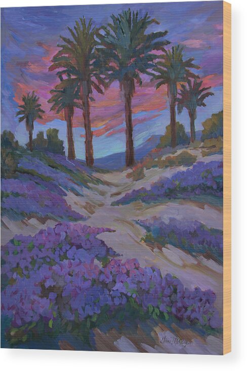 Palm Trees Wood Print featuring the painting Verbena and Desert Sunrise by Diane McClary
