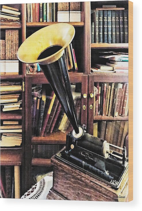 Phonograph Wood Print featuring the photograph Vintage Phonograph in Library Circa 1880 by Susan Savad