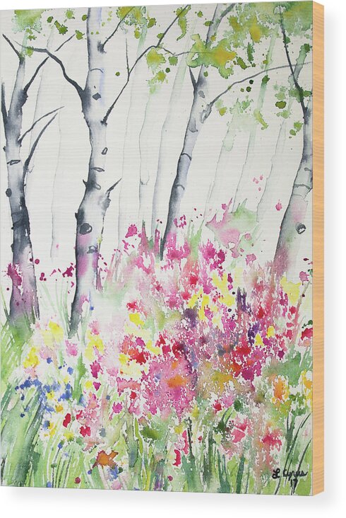Aspen Wood Print featuring the painting Watercolor - Birch and Wildflowers by Cascade Colors