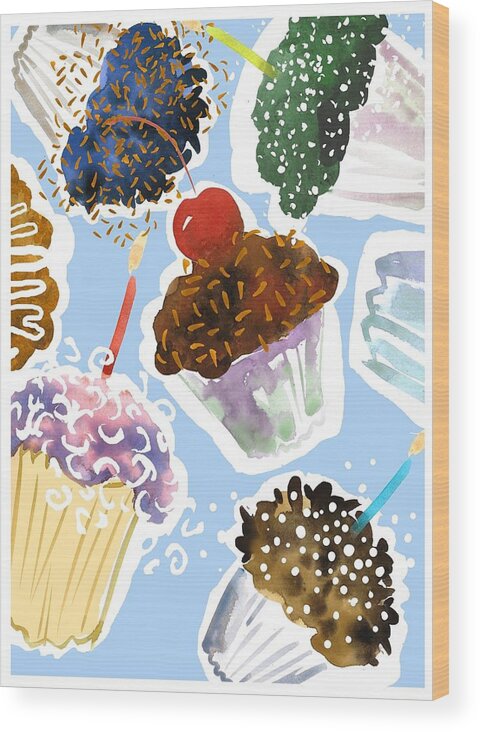 Backgrounds Wood Print featuring the photograph Watercolor Cupcakes With Sprinkles by Gillham Studios