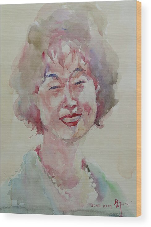 Watercolor Wood Print featuring the painting WC Portrait 1627 My Sister Hyunju by Becky Kim