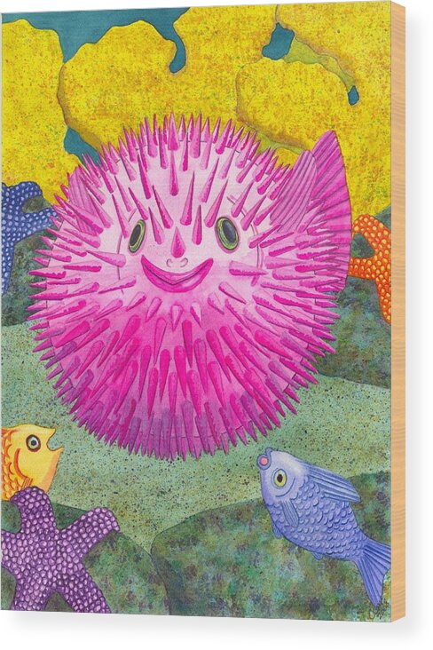 Puffer Fish Wood Print featuring the painting Where's Pinkfish by Catherine G McElroy