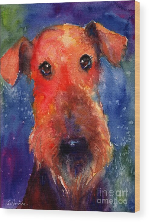 Airedale Dog Painting Wood Print featuring the painting Whimsical Airedale Dog painting by Svetlana Novikova