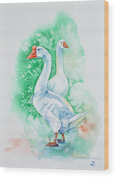 Geese Wood Print featuring the painting White Geese by Zaira Dzhaubaeva
