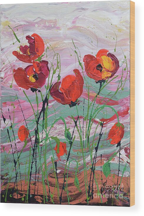 Wild Poppies - Triptych Wood Print featuring the painting Wild Poppies - 1 by Jyotika Shroff