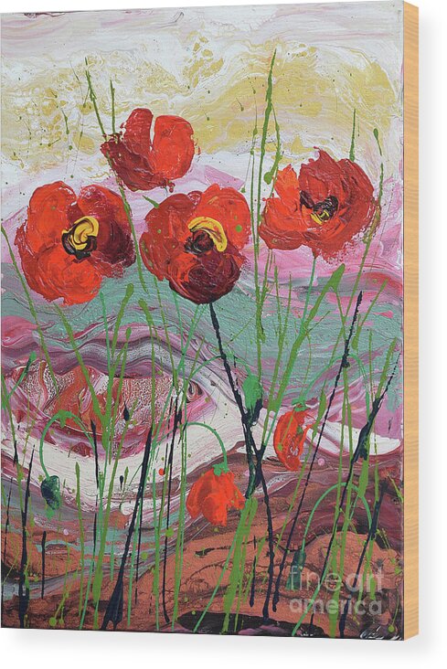 Wild Poppies - Triptych Wood Print featuring the painting Wild Poppies - 3 by Jyotika Shroff
