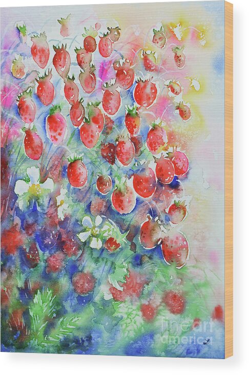 Red Wood Print featuring the painting Wild Strawberries by Zaira Dzhaubaeva