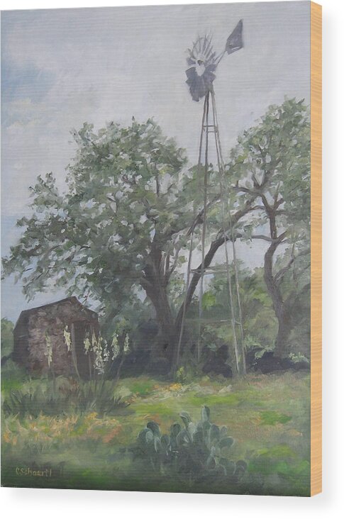 Texas Wood Print featuring the painting Windmill at Genhaven by Connie Schaertl