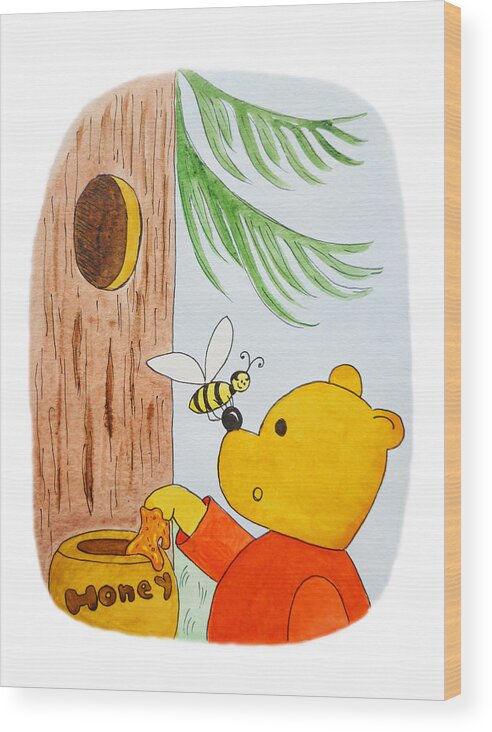Winnie-the-pooh Wood Print featuring the painting Winnie The Pooh and His Lunch by Irina Sztukowski
