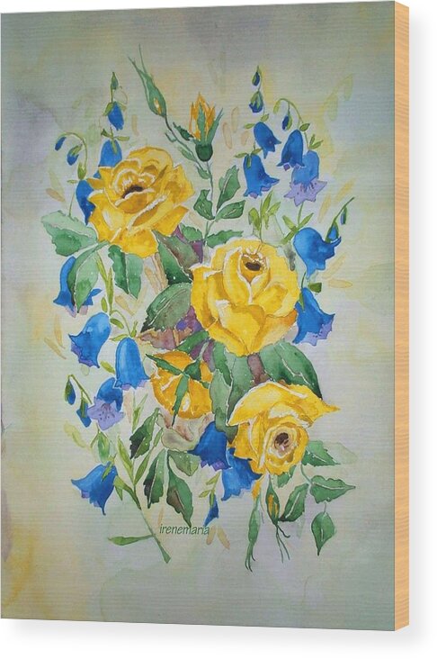 Roses Flowers Wood Print featuring the painting Yellow Roses and Blue Bells by Irenemaria
