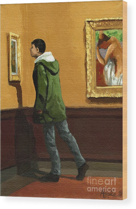 Artwork Wood Print featuring the painting Young Man Viewing Art - painting by Linda Apple