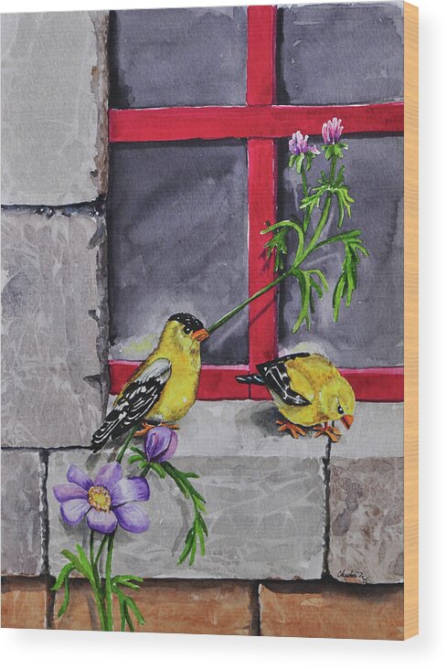 006 Gold Finches Wood Print featuring the painting 006 Gold Finches by Charlsie Kelly