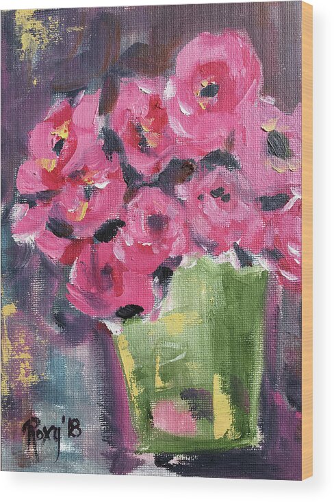 Roses Wood Print featuring the painting Pink Roses in a Green Bucket #1 by Roxy Rich