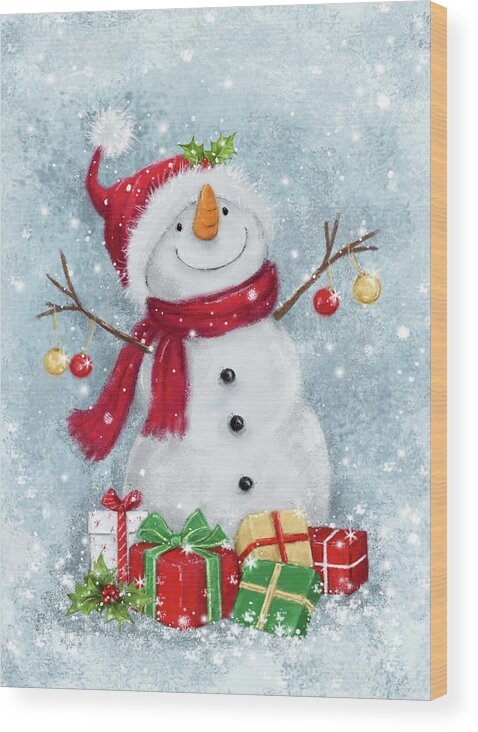 Snowman With Presents 3 Wood Print featuring the mixed media Snowman With Presents 3 #1 by Makiko