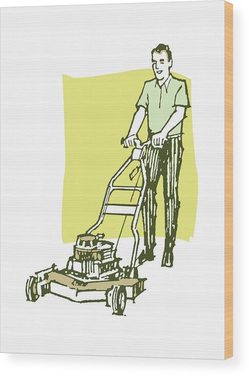 Adult Wood Print featuring the drawing Man Mowing Lawn #10 by CSA Images