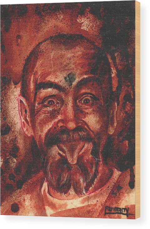 Ryan Almighty Wood Print featuring the painting CHARLES MANSON port dry blood #3 by Ryan Almighty