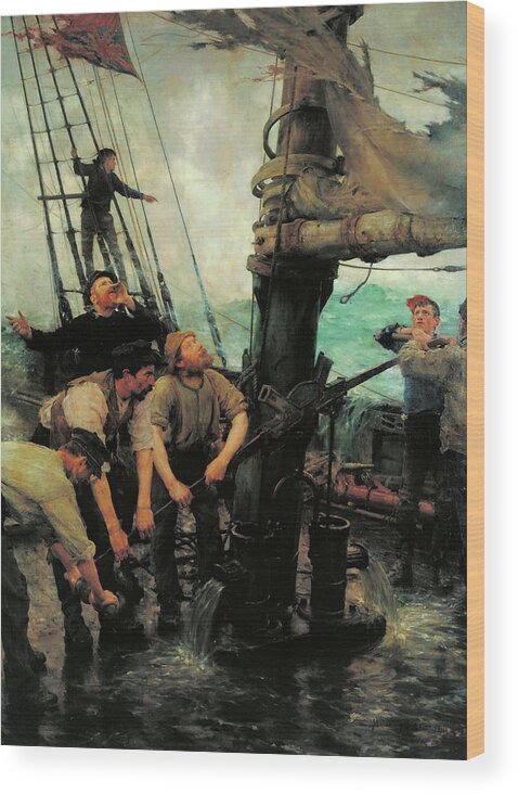 Henry Scott Tuke Wood Print featuring the painting All Hands to the Pumps by Henry Scott Tuke