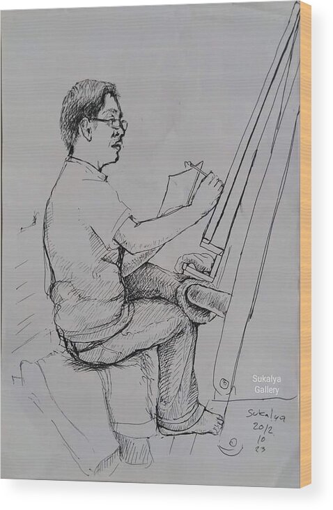 Artist Wood Print featuring the drawing An Artist With the Chinese Brush by Sukalya Chearanantana