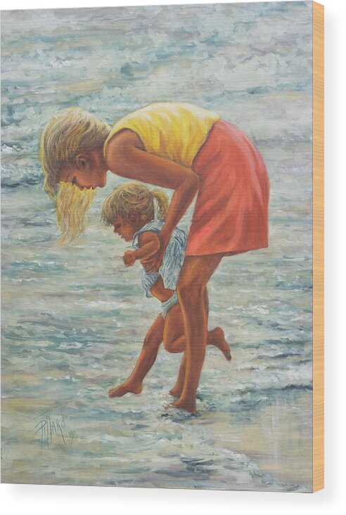 Mother And Child At Beach Wood Print featuring the painting Forever Memories by Lynne Pittard