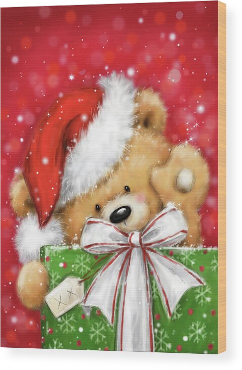 Bear With Present 3 Wood Print featuring the mixed media Bear With Present 3 by Makiko