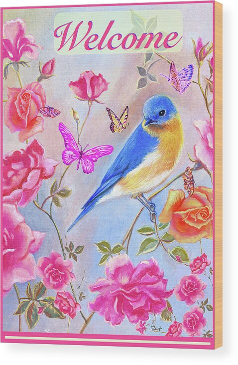 Bluebird In Roses Wood Print featuring the digital art Bluebird In Roses by Judy Mastrangelo