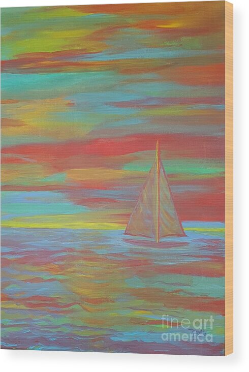 Abstract Wood Print featuring the painting Boating Into Smooth Ocean Breezes by Elizabeth Mauldin