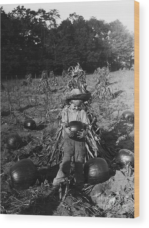Child Wood Print featuring the photograph Boy 6-7 Years Carrying Pumpkin by Bettmann
