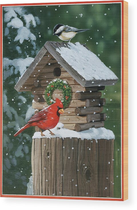 Cardinal And Chickadee In Snow Wood Print featuring the painting Cardinal And Chickadee In Snow by William Vanderdasson