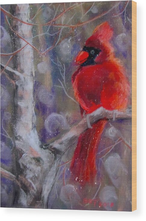 Bird Wood Print featuring the pastel Cardinal in the snow by Barbara O'Toole