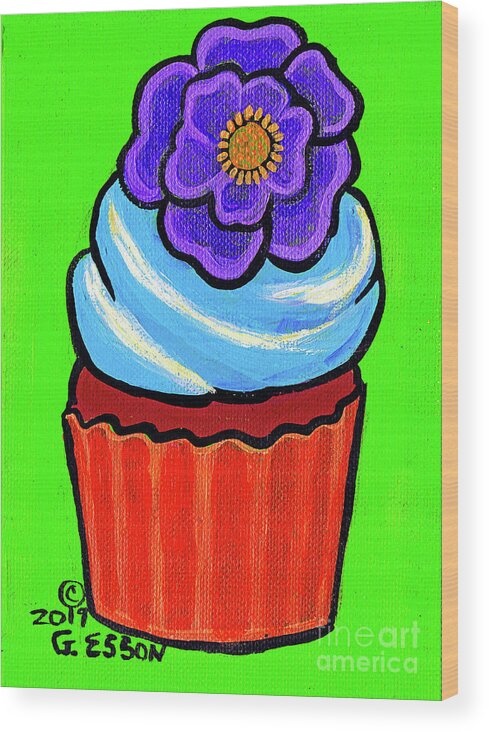 Sweet Wood Print featuring the painting Chocolate Cupcake With Purple Flower by Genevieve Esson