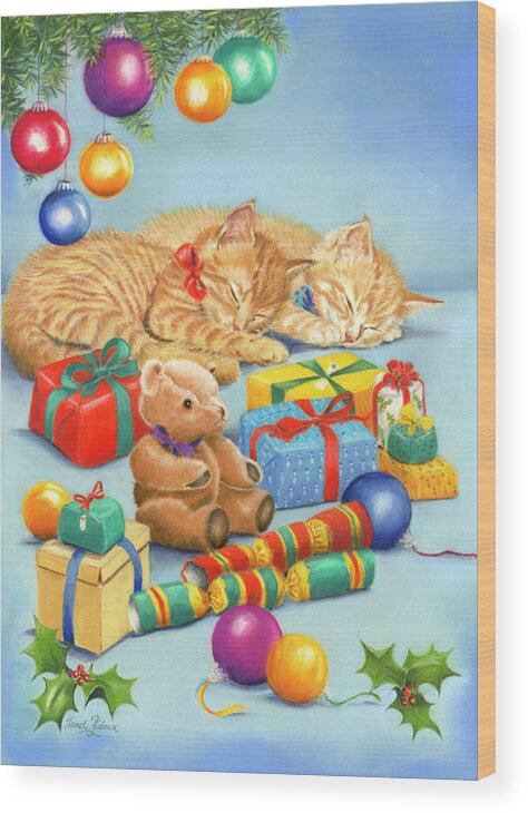 Christmas Kittens Wood Print featuring the painting Christmas Kittens by Janet Pidoux