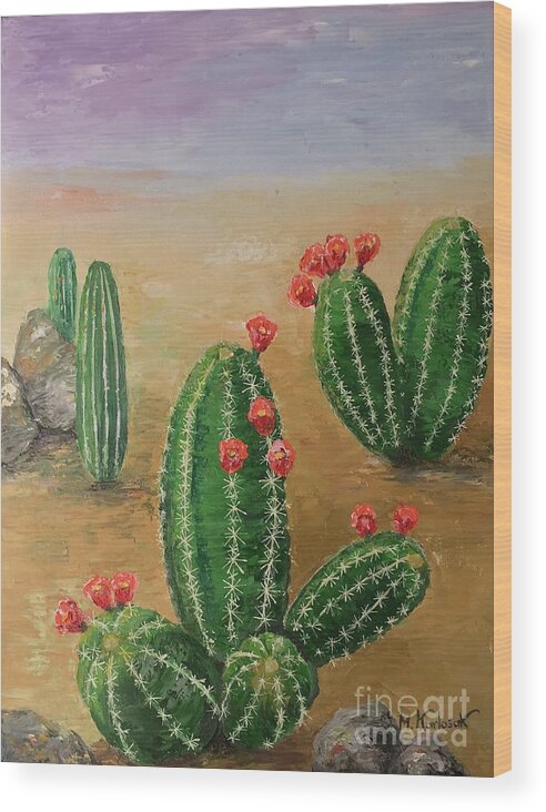 Cactus Wood Print featuring the painting Desert Bloom by Maria Karlosak