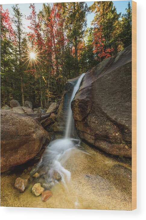 Waterfall; New Hampshire; New England; Diana's Baths; Fall; Falls; Sunstar; Trees; Sunrise; Long Exposure; Motion; Rocks; Flow; Mood; Autumn; Leaves; Colors; Rob Davies; Photography Wood Print featuring the photograph Diana's Baths by Rob Davies