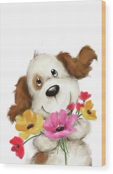 Dog With Flowers 2 Wood Print featuring the mixed media Dog With Flowers 2 by Makiko