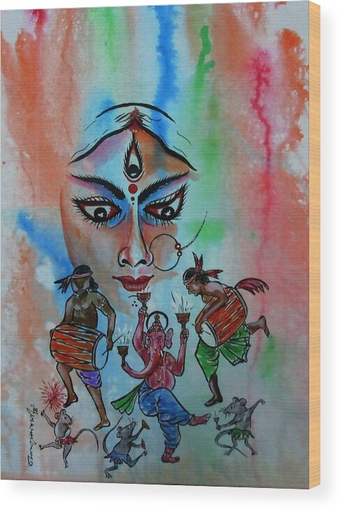 Goddess Durga Wood Print featuring the painting Devi Durga -3 by Tamal Sen Sharma