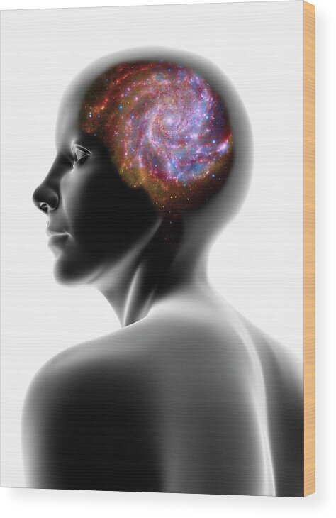 White Background Wood Print featuring the digital art Female Head And Spiral Galaxy by Pasieka