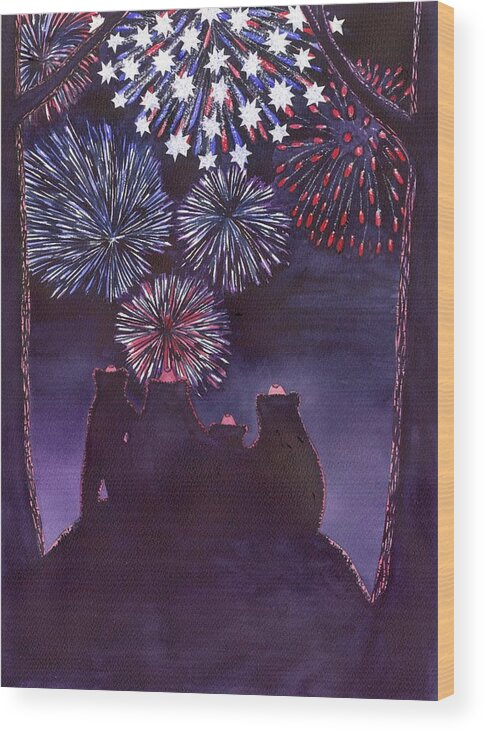 Fireworks Wood Print featuring the painting Fourth of July by Catherine G McElroy