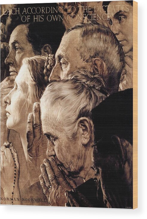 Praying Wood Print featuring the painting Freedom Of Worship by Norman Rockwell
