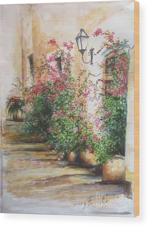 Baleares Wood Print featuring the painting Front door spectacle, Steps in the Old Town, Mallorca Balearics Spain by Lizzy Forrester
