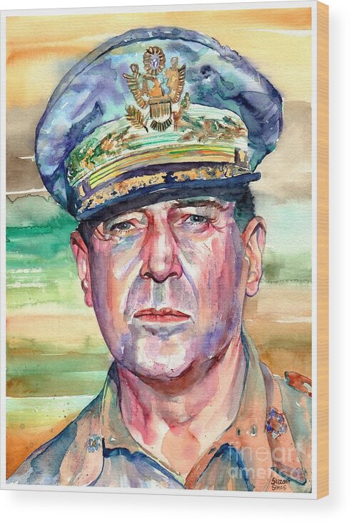 General Wood Print featuring the painting General Douglas MacArthur Portrait by Suzann Sines