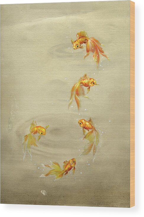Five Goldfish Swimming. Wood Print featuring the painting Glittering Goldfish by Peggy Harris