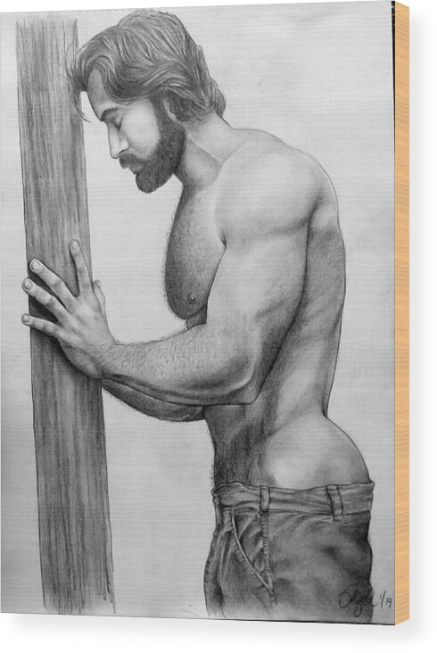 Male Wood Print featuring the drawing I Miss You by Mike Gonzalez