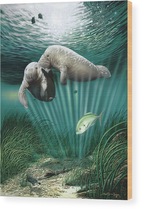 Manatees And Tropical Fish Under Water Wood Print featuring the painting Lazy Day Romance by Dann Spider Warren