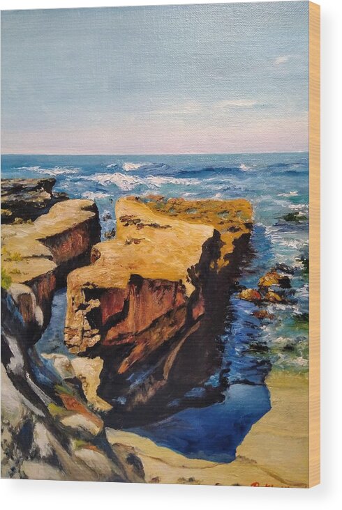 Majestic Rocks Wood Print featuring the painting Living Rocks of San Diego by Ray Khalife