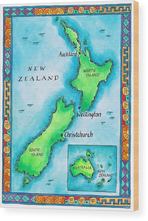 Watercolor Painting Wood Print featuring the digital art Map Of New Zealand by Jennifer Thermes
