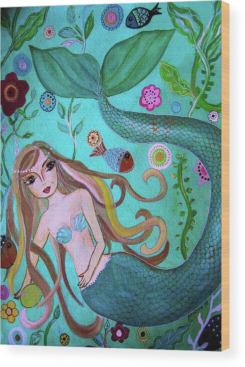 Mermaid Under The Sea Wood Print featuring the painting Mermaid Under The Sea by Prisarts