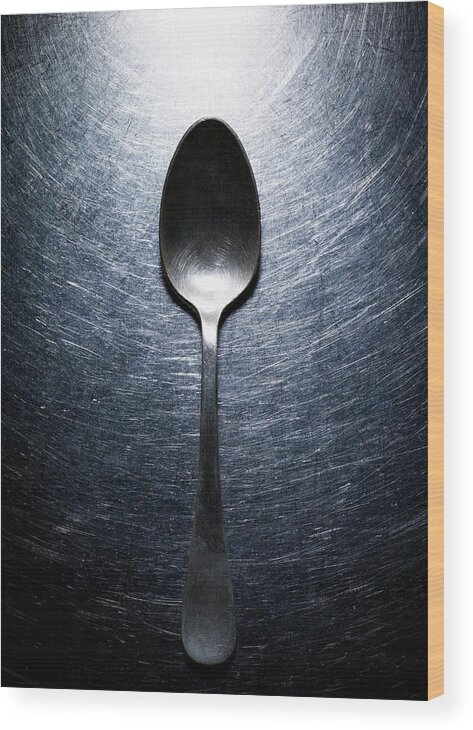 Spoon Wood Print featuring the photograph Metal Spoon On Stainless Steel by Ballyscanlon