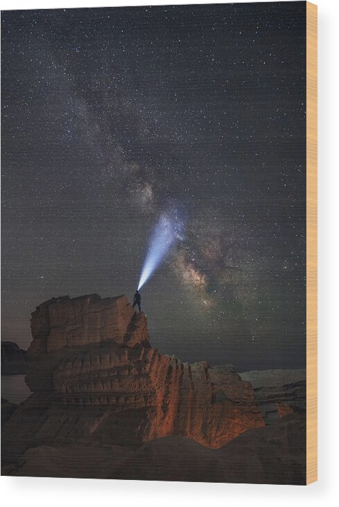 Milky Way Wood Print featuring the photograph Milky Way Over Atlantis Rock , Ibiza , Spain . by Anton Calpagiu