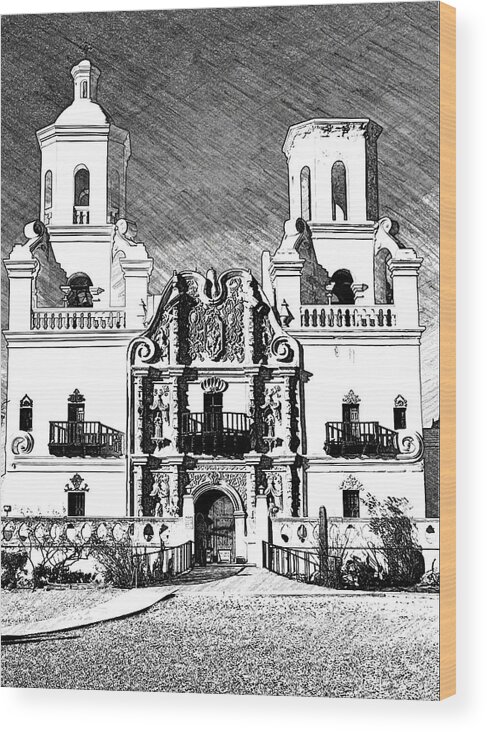 Mission Wood Print featuring the mixed media Mission San Xavier del Bac - Bw Sketch by Tatiana Travelways